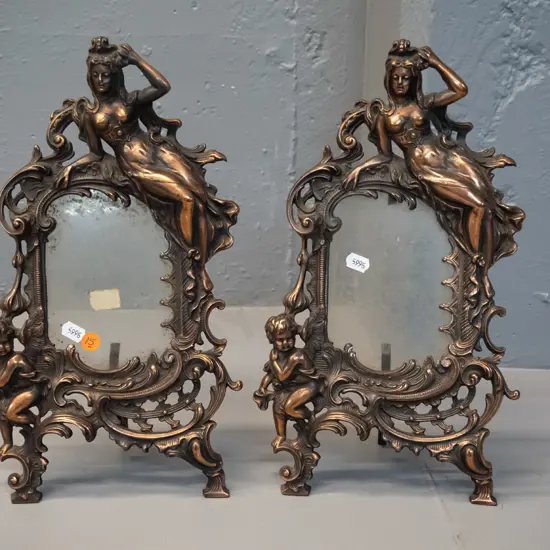 pair of nouveau style copper finish cast metal picture frames with glass H-345 W-185