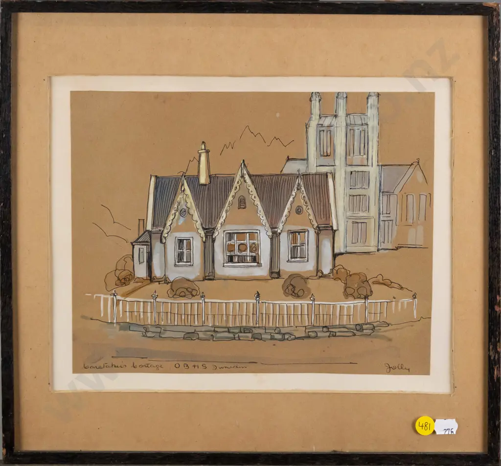 Jolly - framed ink and watercolour - Otago Boys High School H-210 W-270 Image 1++
