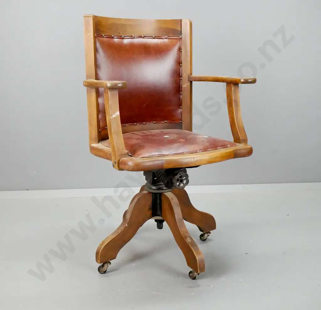 vintage beech swivel open-arm desk chair with studded brown leather upholstered seat and back - marks to seat, Image 1++