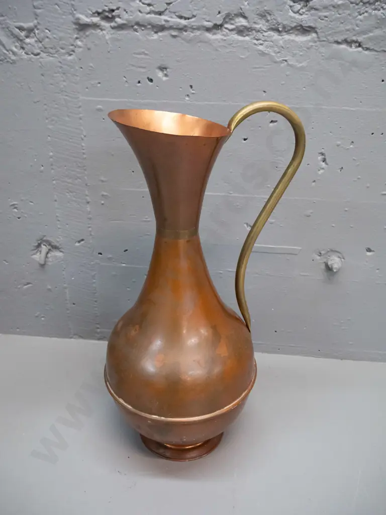 large copper ornamental ewer jug with brass handle - small dent and some marks to finish H-460 W-260 Image 1++