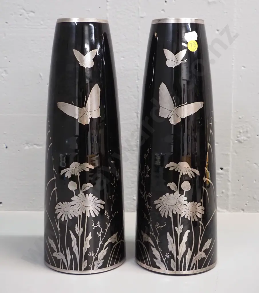 pair of dark amethyst art glass vases with silver butterfly and flower designs H-325 Image 1++