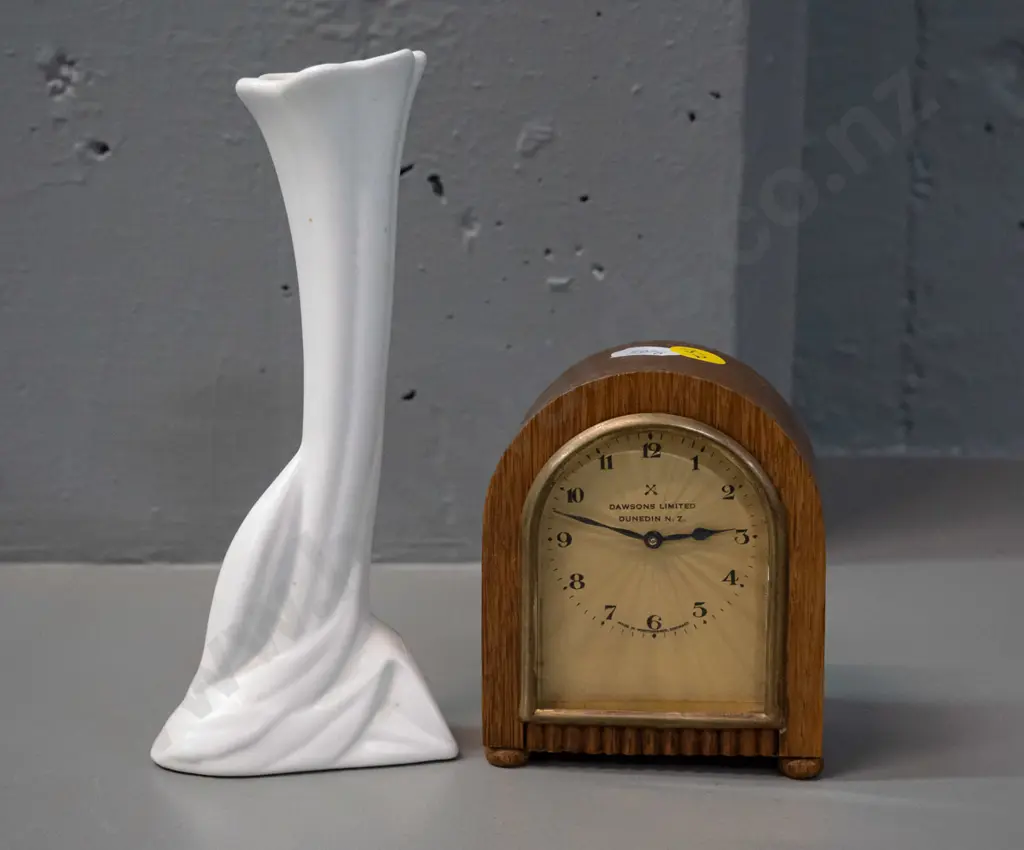 small oak-cased German bedside alarm clock with Dawson's Dunedin markings, and a Crown Lynn bud vase H-170 Image 1++