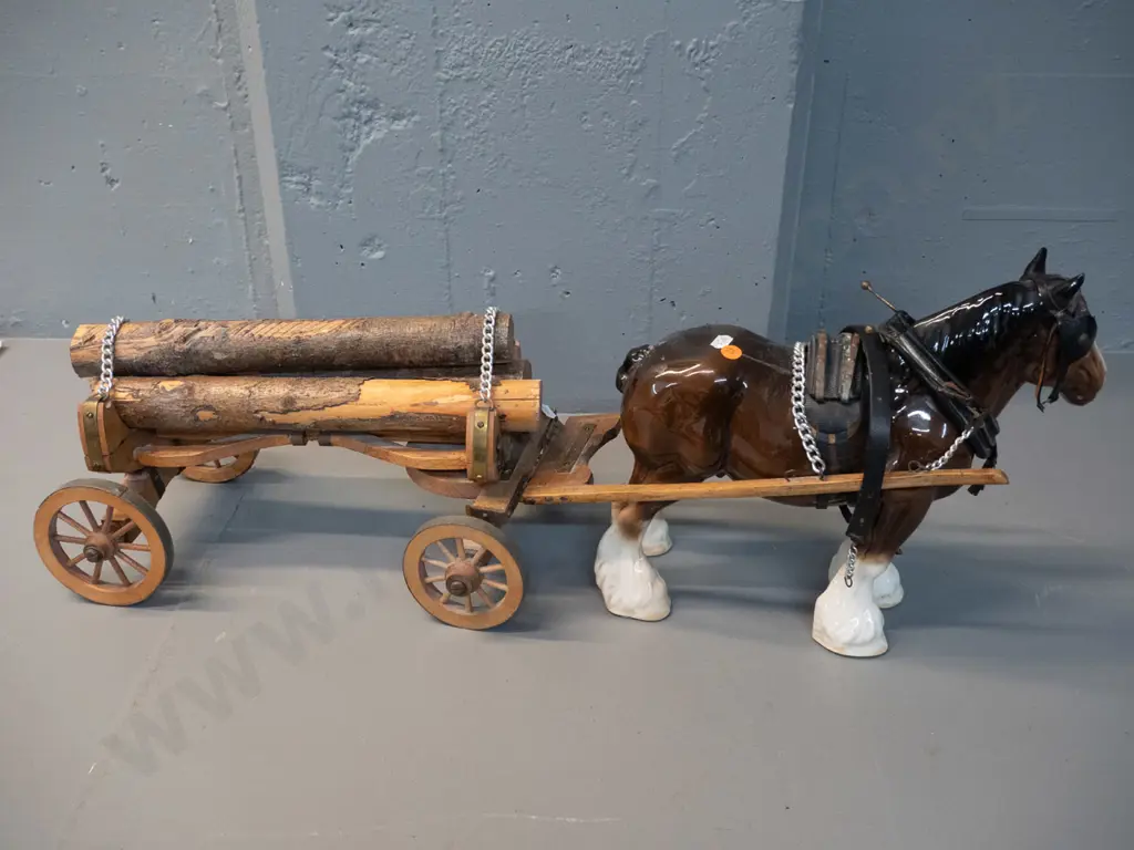 large Beswick style draft horse figure with log wagon and harness etc - hard to make out mark, see photo. Some residue Image 1++