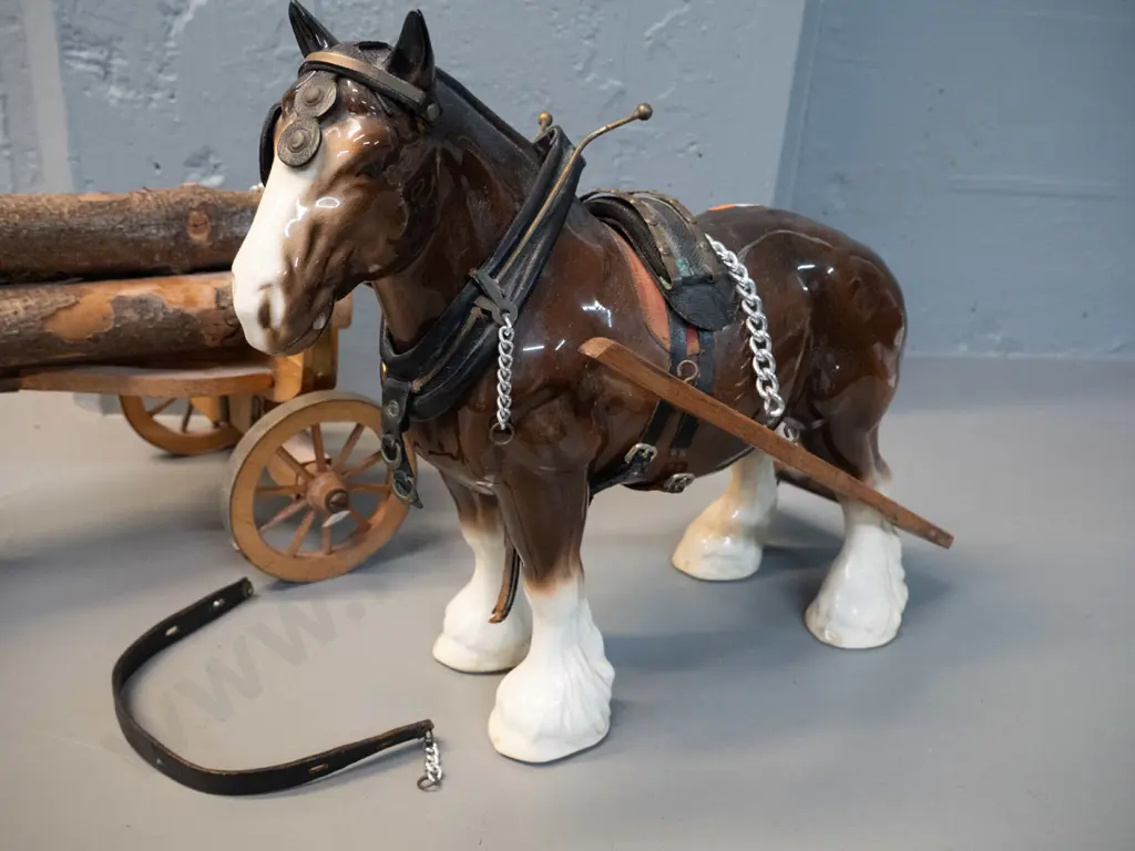 large Beswick style draft horse figure with log wagon and harness etc - hard to make out mark, see photo. Some residue Image 1++