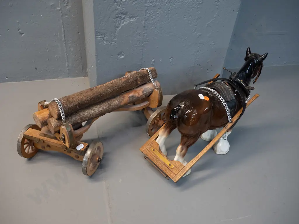 large Beswick style draft horse figure with log wagon and harness etc - hard to make out mark, see photo. Some residue Image 1++