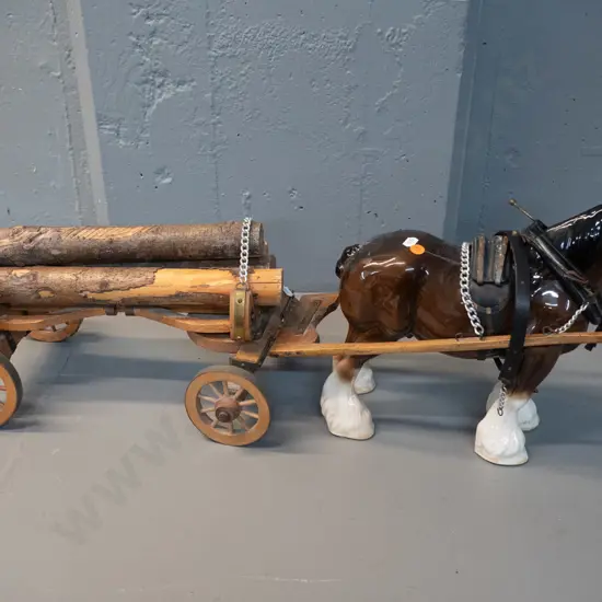large Beswick style draft horse figure with log wagon and harness etc - hard to make out mark, see photo. Some residue