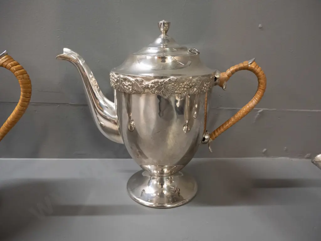 English silver plated ware: 2 "Windsor" lidded serving dishes w/glass liners & a Johnson tea & coffee pot w/cream & Image 1++