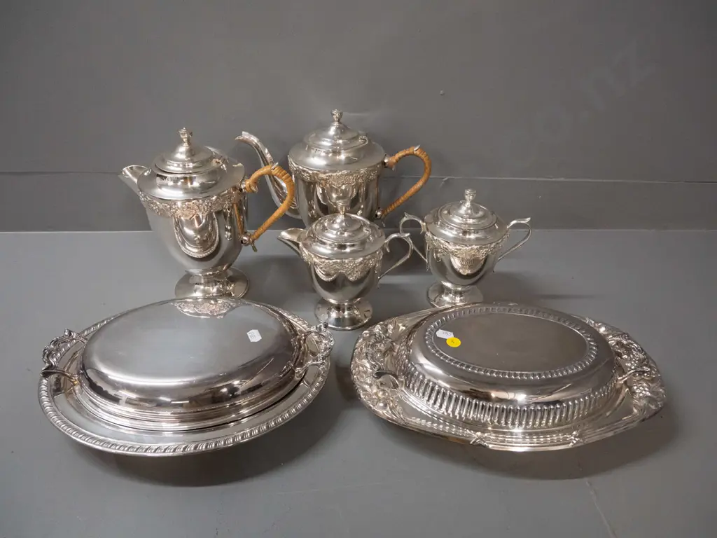 English silver plated ware: 2 "Windsor" lidded serving dishes w/glass liners & a Johnson tea & coffee pot w/cream & Image 1++