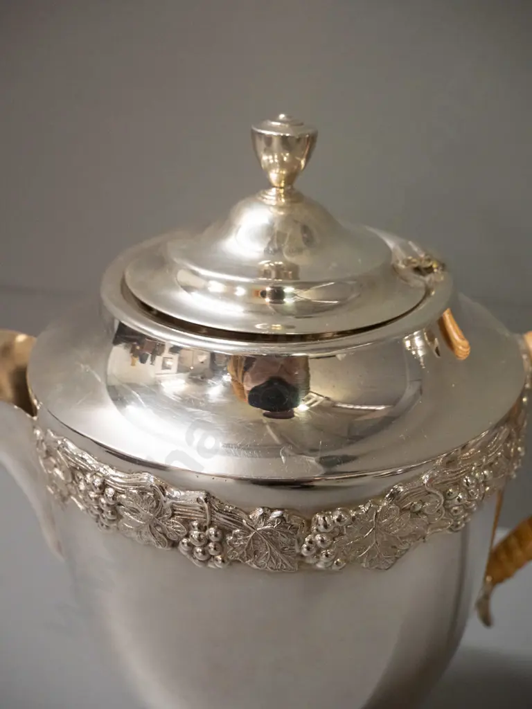 English silver plated ware: 2 "Windsor" lidded serving dishes w/glass liners & a Johnson tea & coffee pot w/cream & Image 1++