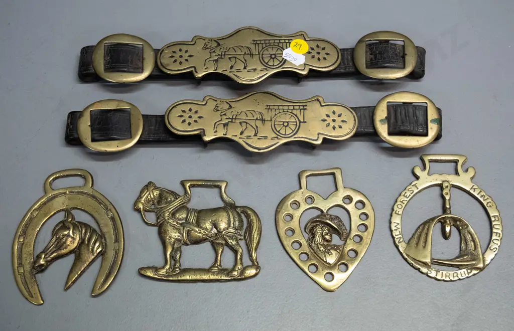 assorted horse brasses - 2 sets of 3 buckles on leather straps and 4 loose horse brasses. Straps L-265 Image 1++