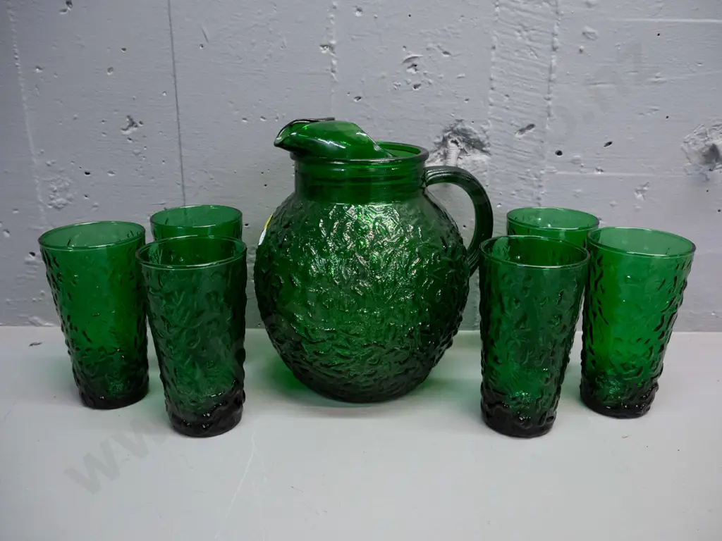 retro dark green moulded textured glass water set - jug and 6 tumblers, w/ metal stand that may be unrelated Image 1++