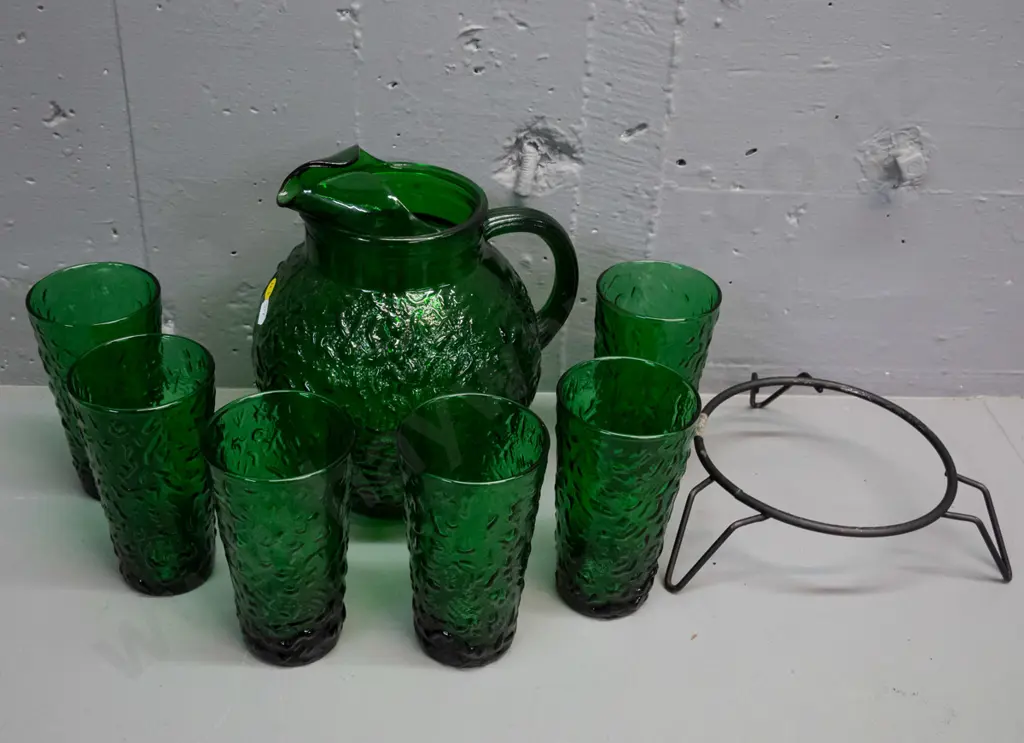 retro dark green moulded textured glass water set - jug and 6 tumblers, w/ metal stand that may be unrelated Image 1++