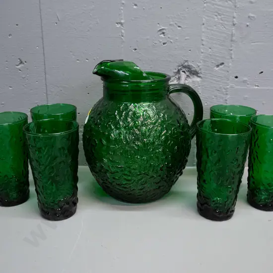 retro dark green moulded textured glass water set - jug and 6 tumblers, w/ metal stand that may be unrelated