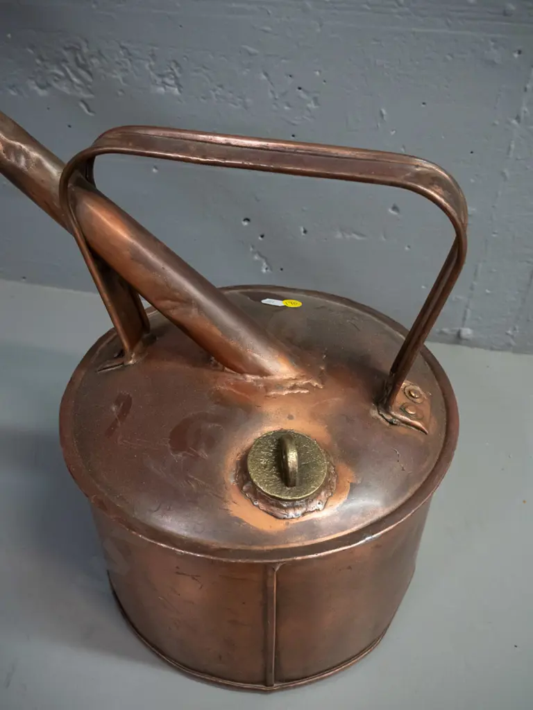 large copper watering or pouring can with long spout, brass filler cap - some dents. Can is H-330 D-250, spout is L-720 Image 1++