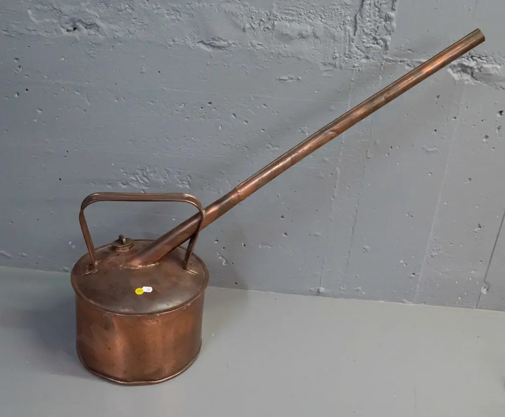 large copper watering or pouring can with long spout, brass filler cap - some dents. Can is H-330 D-250, spout is L-720 Image 1++