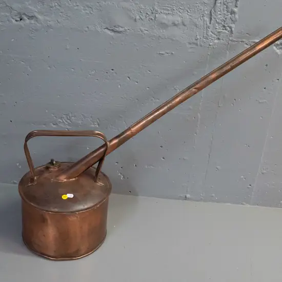 large copper watering or pouring can with long spout, brass filler cap - some dents. Can is H-330 D-250, spout is L-720