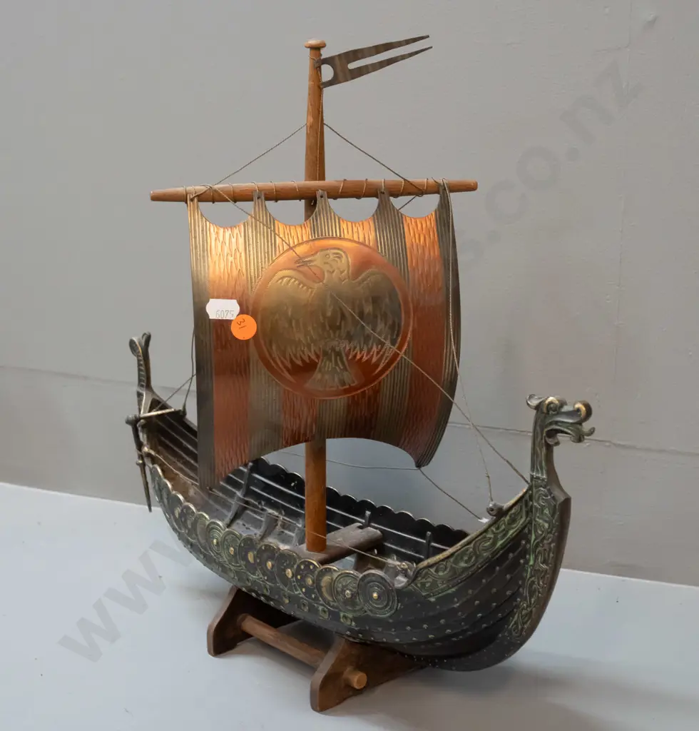 cast brass and timber Viking sailing ship model on wooden stand, with copper finish brass sails H-380 L-420 Image 1++