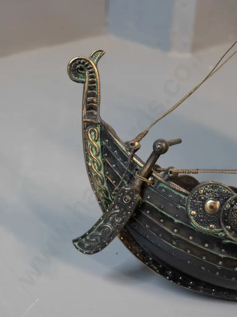 cast brass and timber Viking sailing ship model on wooden stand, with copper finish brass sails H-380 L-420 Image 1++