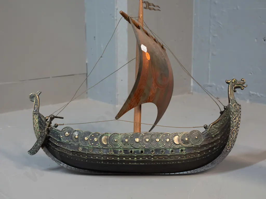 cast brass and timber Viking sailing ship model on wooden stand, with copper finish brass sails H-380 L-420 Image 1++