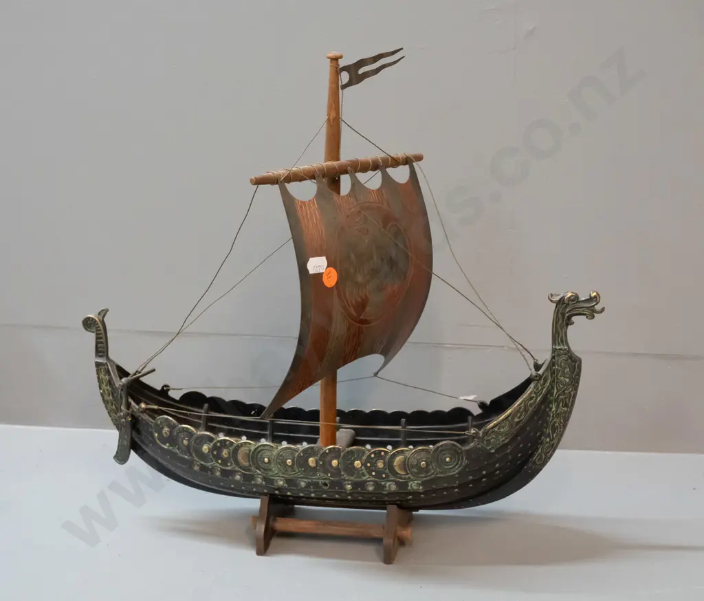 cast brass and timber Viking sailing ship model on wooden stand, with copper finish brass sails H-380 L-420 Image 1++