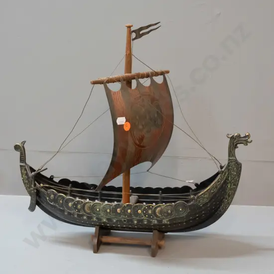 cast brass and timber Viking sailing ship model on wooden stand, with copper finish brass sails H-380 L-420