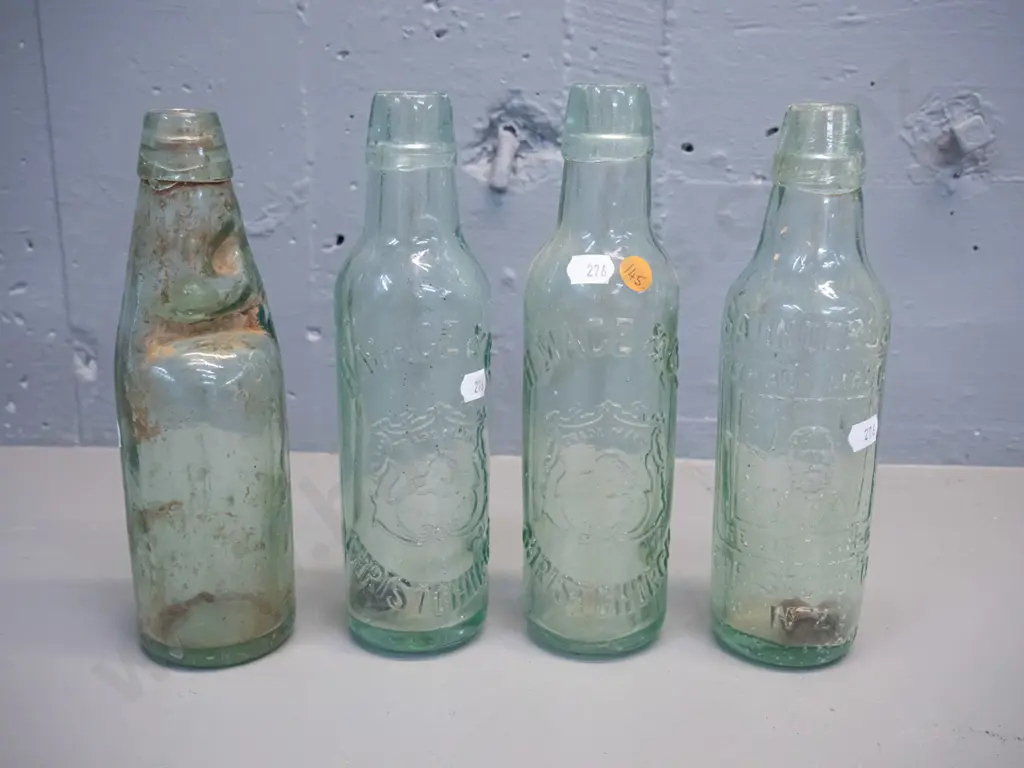 4 vintage glass bottles - two marked H. Mace and Co. Christchurch, Saunders & Co. Christchurch, and an English Image 1++