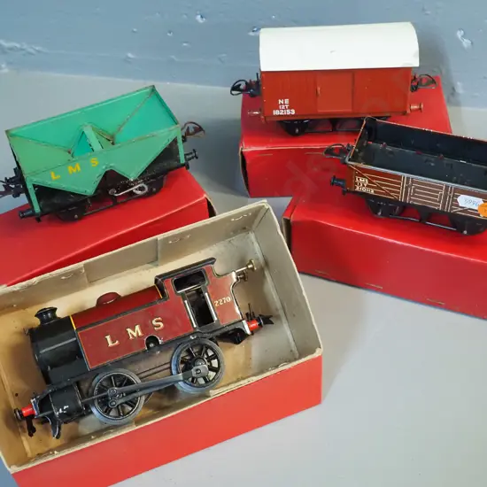 Hornby Gauge O model railway items - wind-up Tank Locomotive Type 101, plus sheet wagon, hopper wagon and No. 1 goods