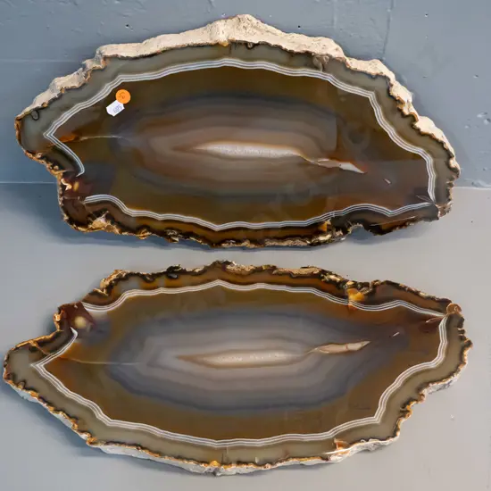 2 large heavy polished slices of agate - mirrored pair, both approximately L-450 W-230