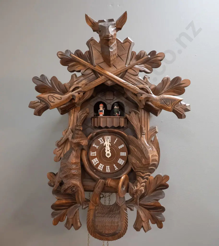 carved timber cuckoo clock with cast metal copper finish pine cone weights - deer is missing antlers H-500 W-370 Image 1++