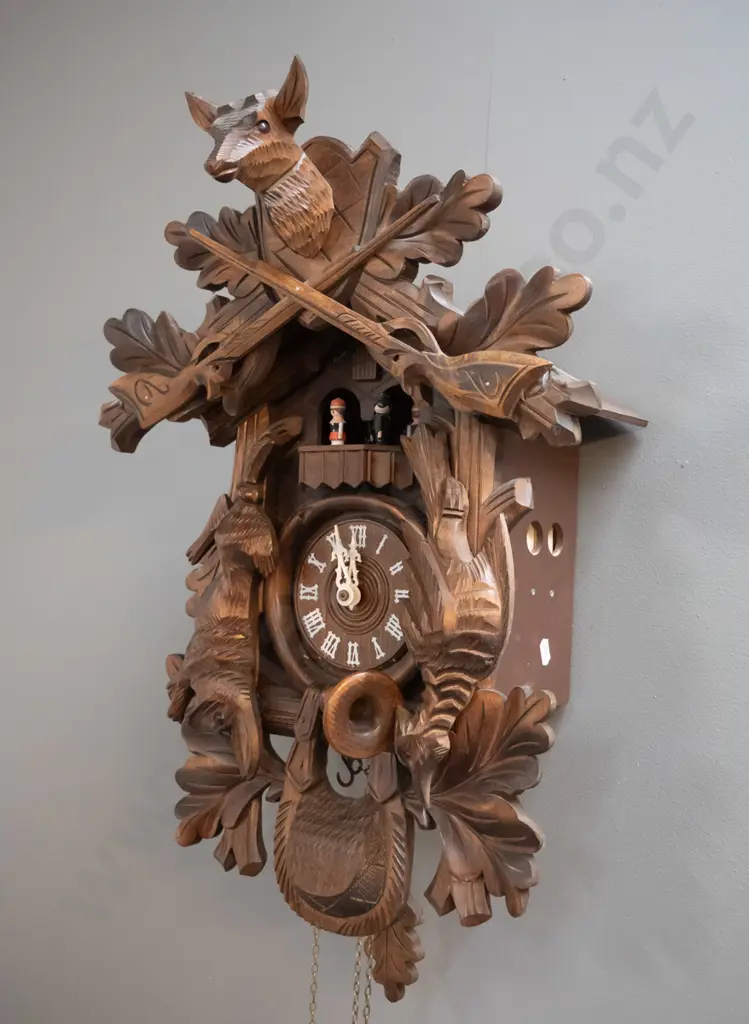 carved timber cuckoo clock with cast metal copper finish pine cone weights - deer is missing antlers H-500 W-370 Image 1++