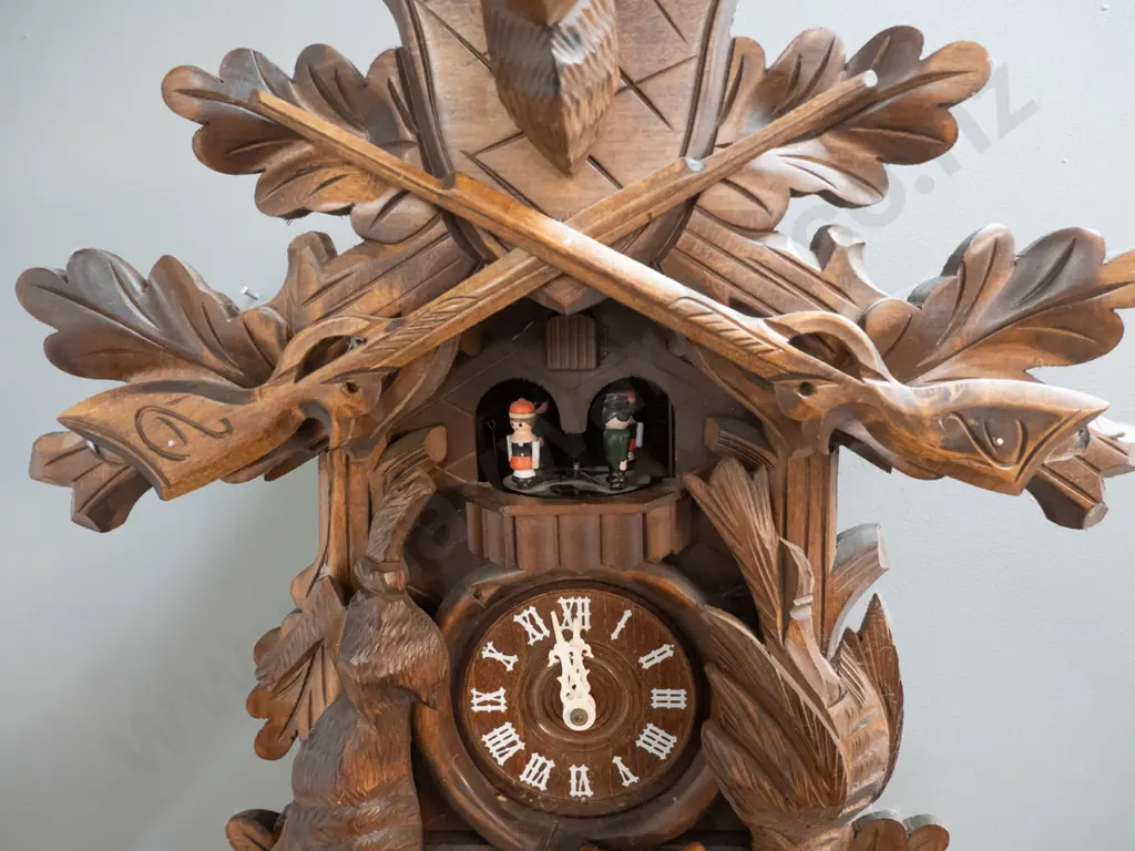 carved timber cuckoo clock with cast metal copper finish pine cone weights - deer is missing antlers H-500 W-370 Image 1++