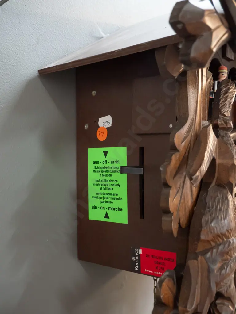 carved timber cuckoo clock with cast metal copper finish pine cone weights - deer is missing antlers H-500 W-370 Image 1++