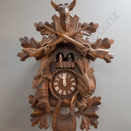 carved timber cuckoo clock with cast metal copper finish pine cone weights - deer is missing antlers H-500 W-370