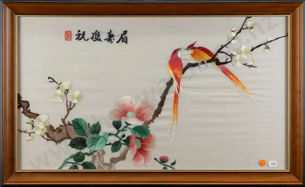framed Asian needlework on silk - birds and flowers H-300 W-530 Image 1++