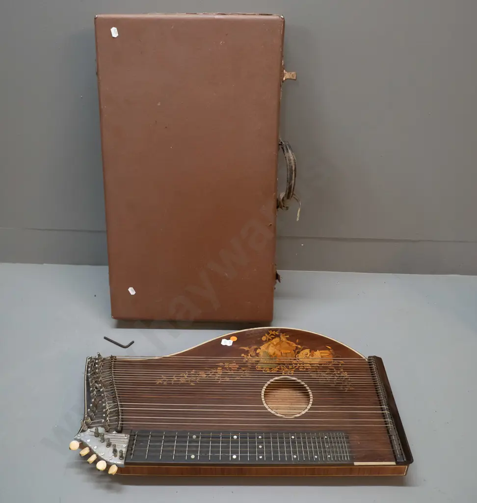 vintage timber-cased double zither or lap harp - no maker's marks. Minor rubbing to polish, damage to case L570 W325 Image 1++