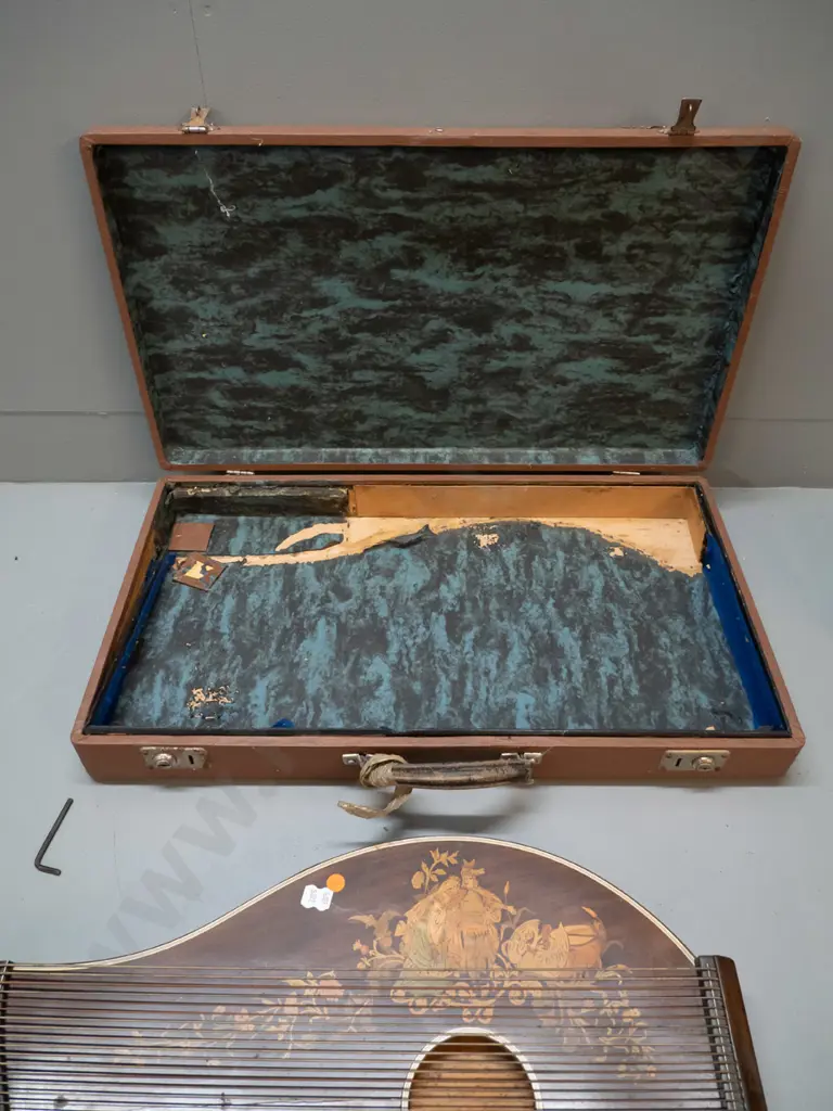 vintage timber-cased double zither or lap harp - no maker's marks. Minor rubbing to polish, damage to case L570 W325 Image 1++