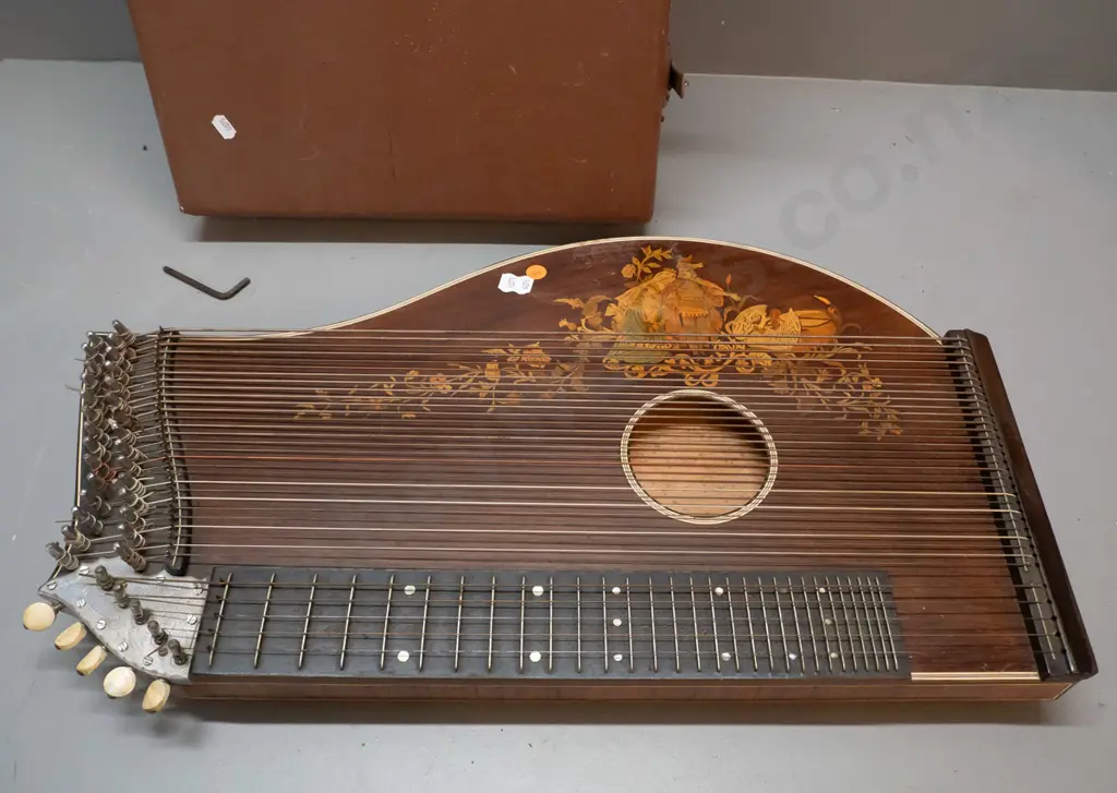 vintage timber-cased double zither or lap harp - no maker's marks. Minor rubbing to polish, damage to case L570 W325 Image 1++