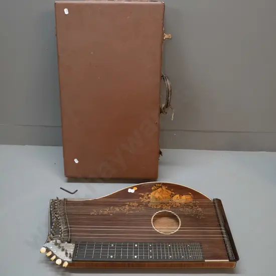 vintage timber-cased double zither or lap harp - no maker's marks. Minor rubbing to polish, damage to case L570 W325