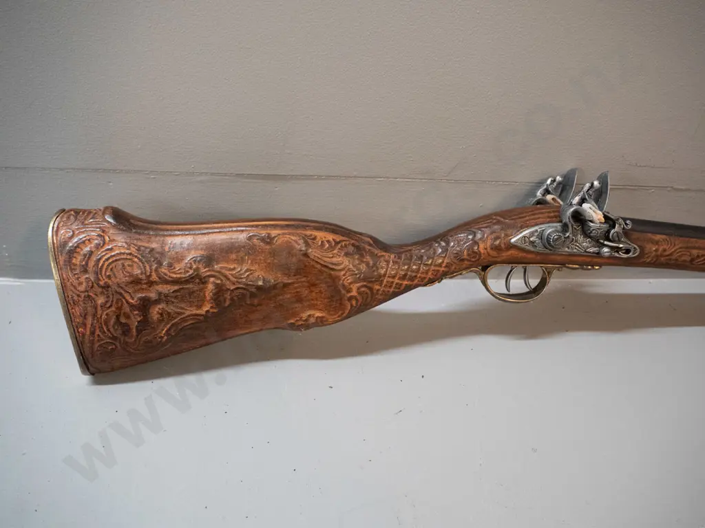 reproduction 18th century style double barrel flintlock rifle - carved timber and cast metal fittings (Denix, Spain) Image 1++