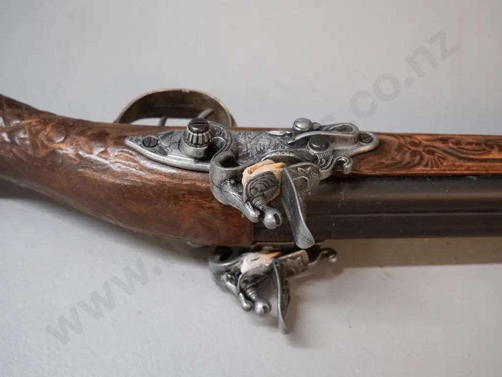reproduction 18th century style double barrel flintlock rifle - carved timber and cast metal fittings (Denix, Spain) Image 1++