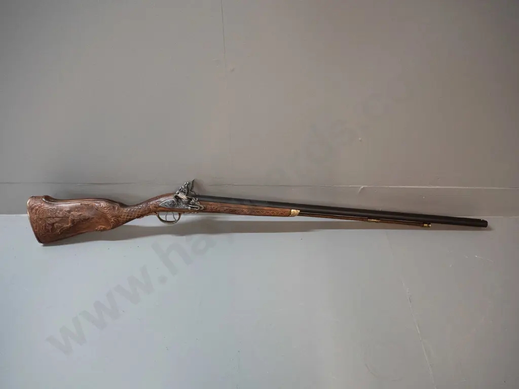 reproduction 18th century style double barrel flintlock rifle - carved timber and cast metal fittings (Denix, Spain) Image 1++