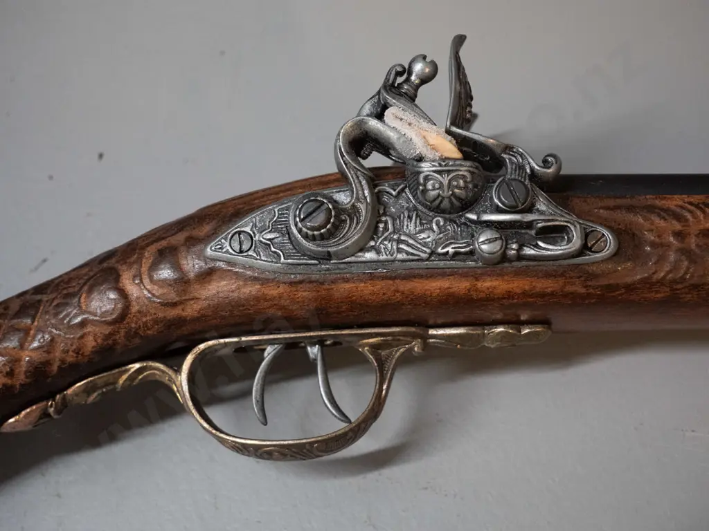 reproduction 18th century style double barrel flintlock rifle - carved timber and cast metal fittings (Denix, Spain) Image 1++
