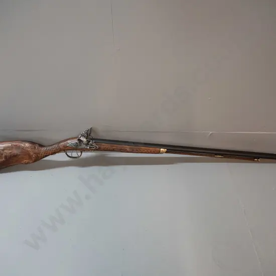 reproduction 18th century style double barrel flintlock rifle - carved timber and cast metal fittings (Denix, Spain)