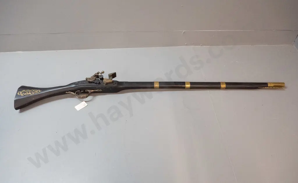 reproduction 18th century style flintlock rifle - brass decoration, ebony finish timber L-1100 Image 1++