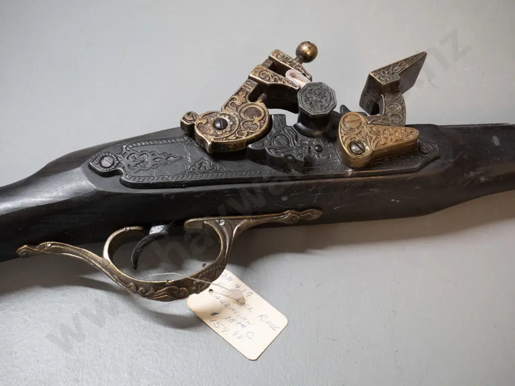 reproduction 18th century style flintlock rifle - brass decoration, ebony finish timber L-1100 Image 1++