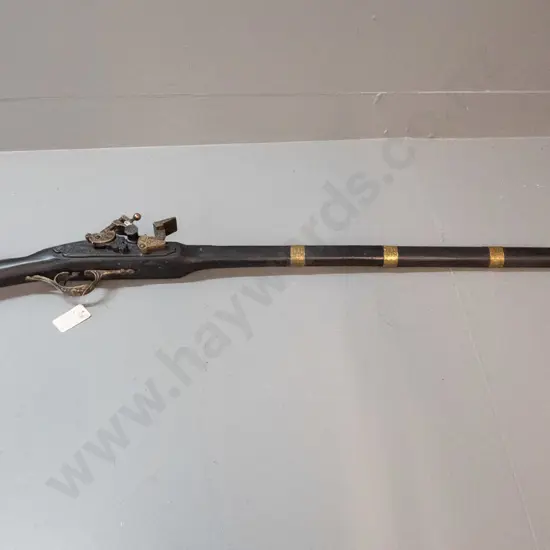 reproduction 18th century style flintlock rifle - brass decoration, ebony finish timber L-1100
