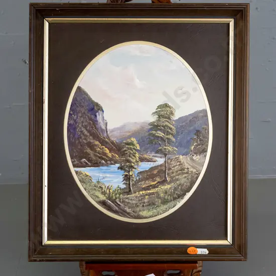 unsigned framed oil 1984 on small ornate easel "Buller River" Overall H-470 W-290 D-300