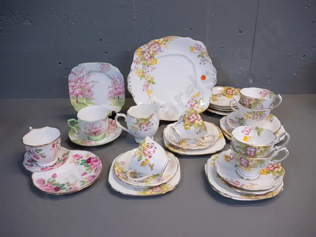 Royal Albert tea ware - "Clematis" pattern 6 trios, cake plate and jug, plus a few spare saucers, a Princess Anne tennis Image 1++