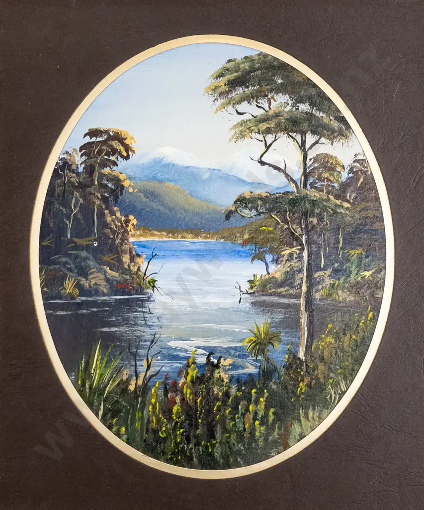 illegible signature framed oil 1984 on small ornate easel "Lake Moeraki Westland" Overall H-470 W-290 D-300 Image 1++