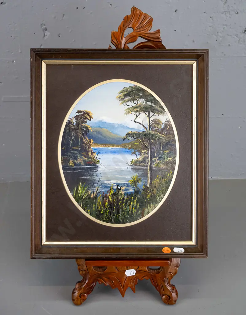 illegible signature framed oil 1984 on small ornate easel "Lake Moeraki Westland" Overall H-470 W-290 D-300 Image 1++